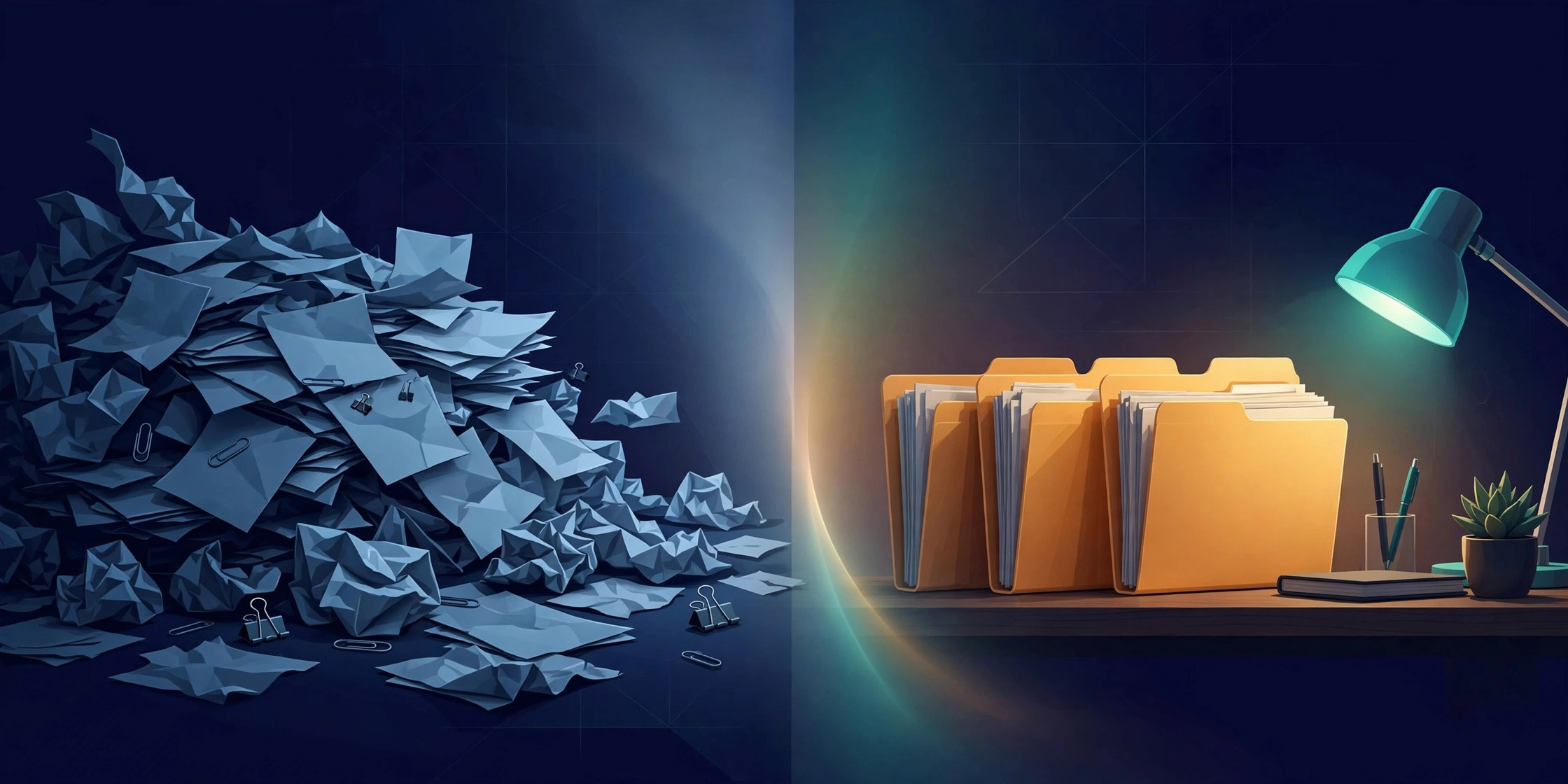 Split scene showing chaotic scattered paperwork versus neatly organized glowing folders, the result of early busy season preparation