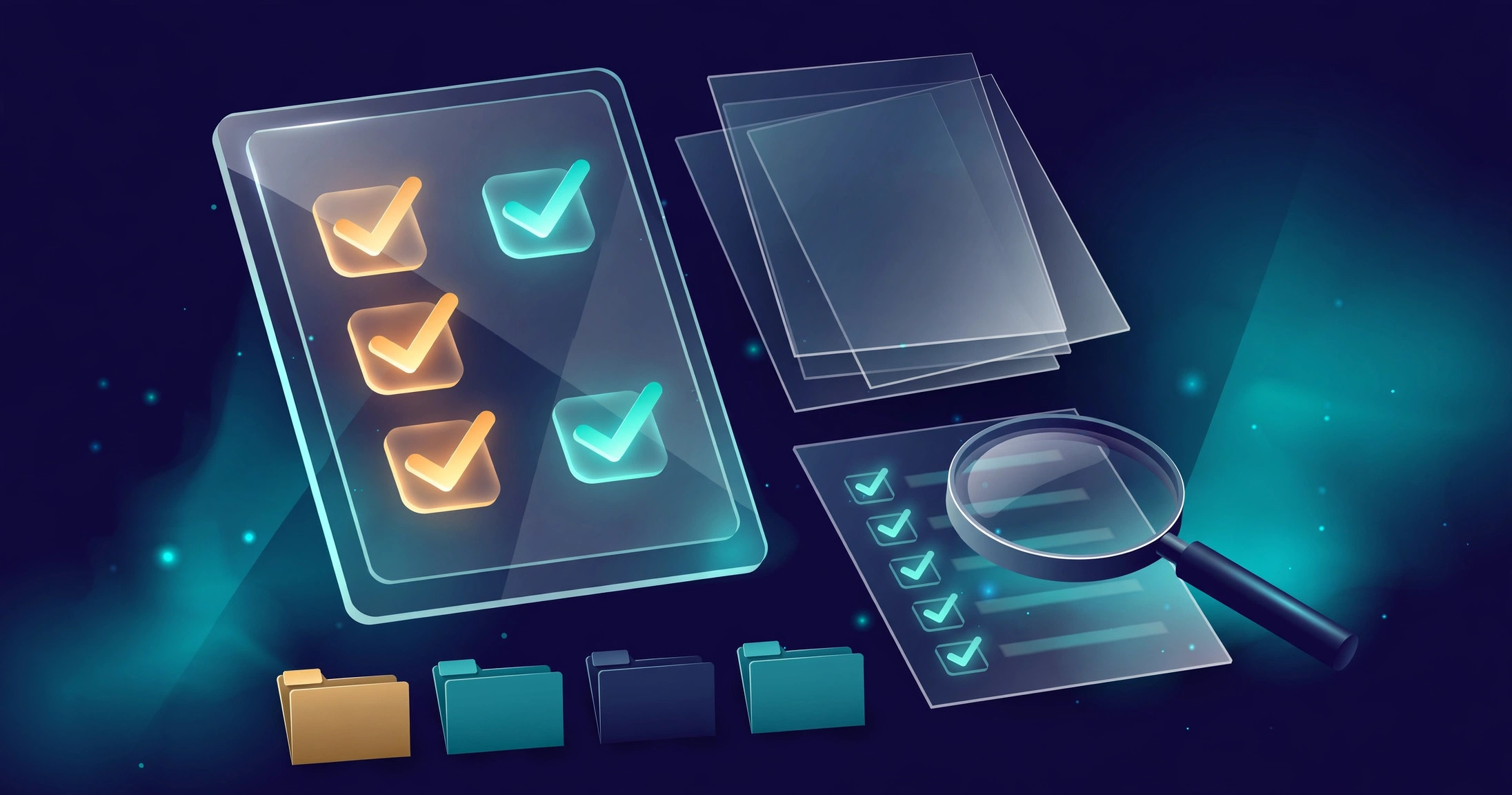 Glowing digital checklist with checkmarks beside organized client folders, illustrating early document requests for tax busy season