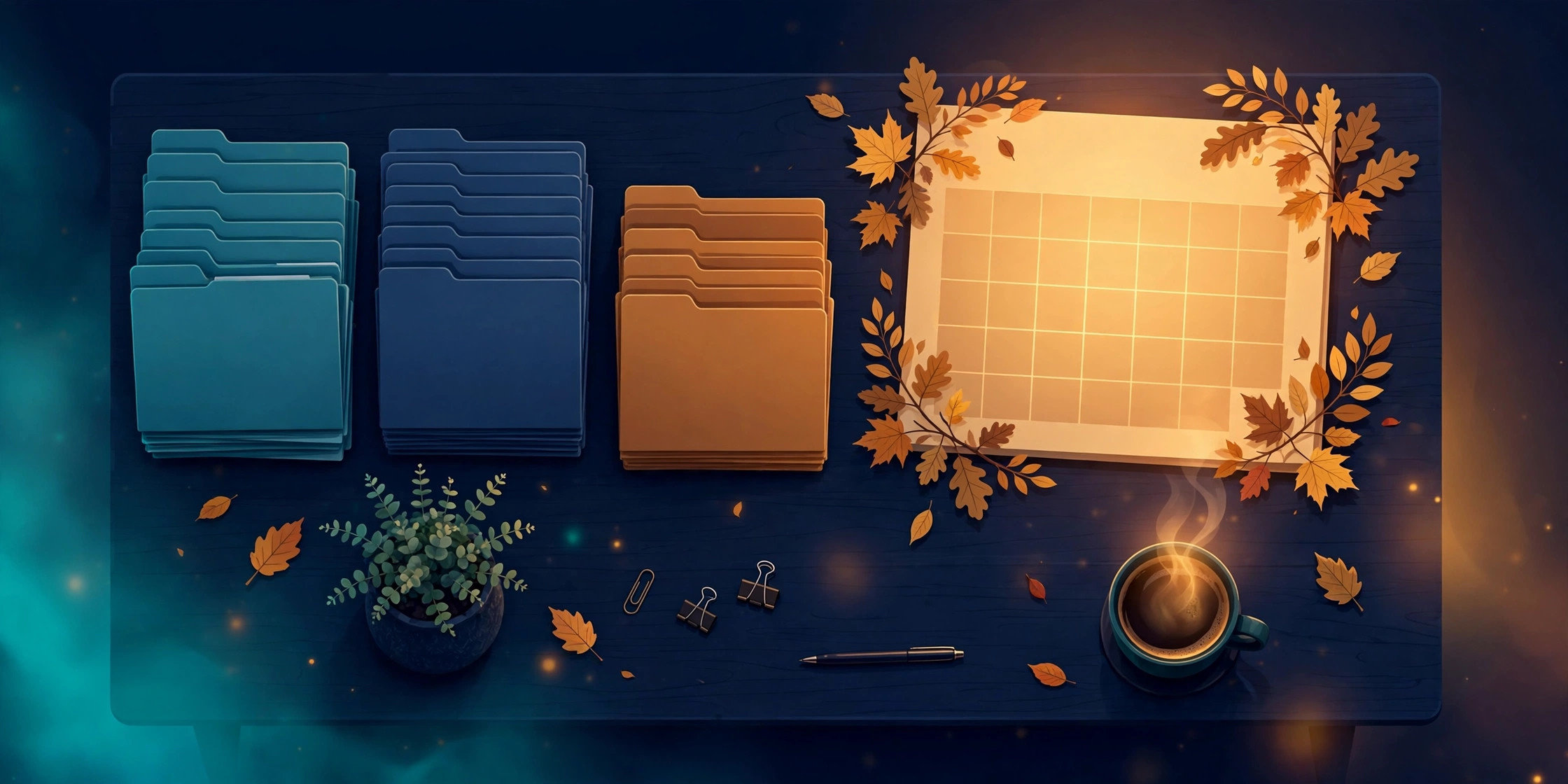 Calm organized accountant's desk in autumn with an glowing calendar and neatly stacked document folders, ready for busy season
