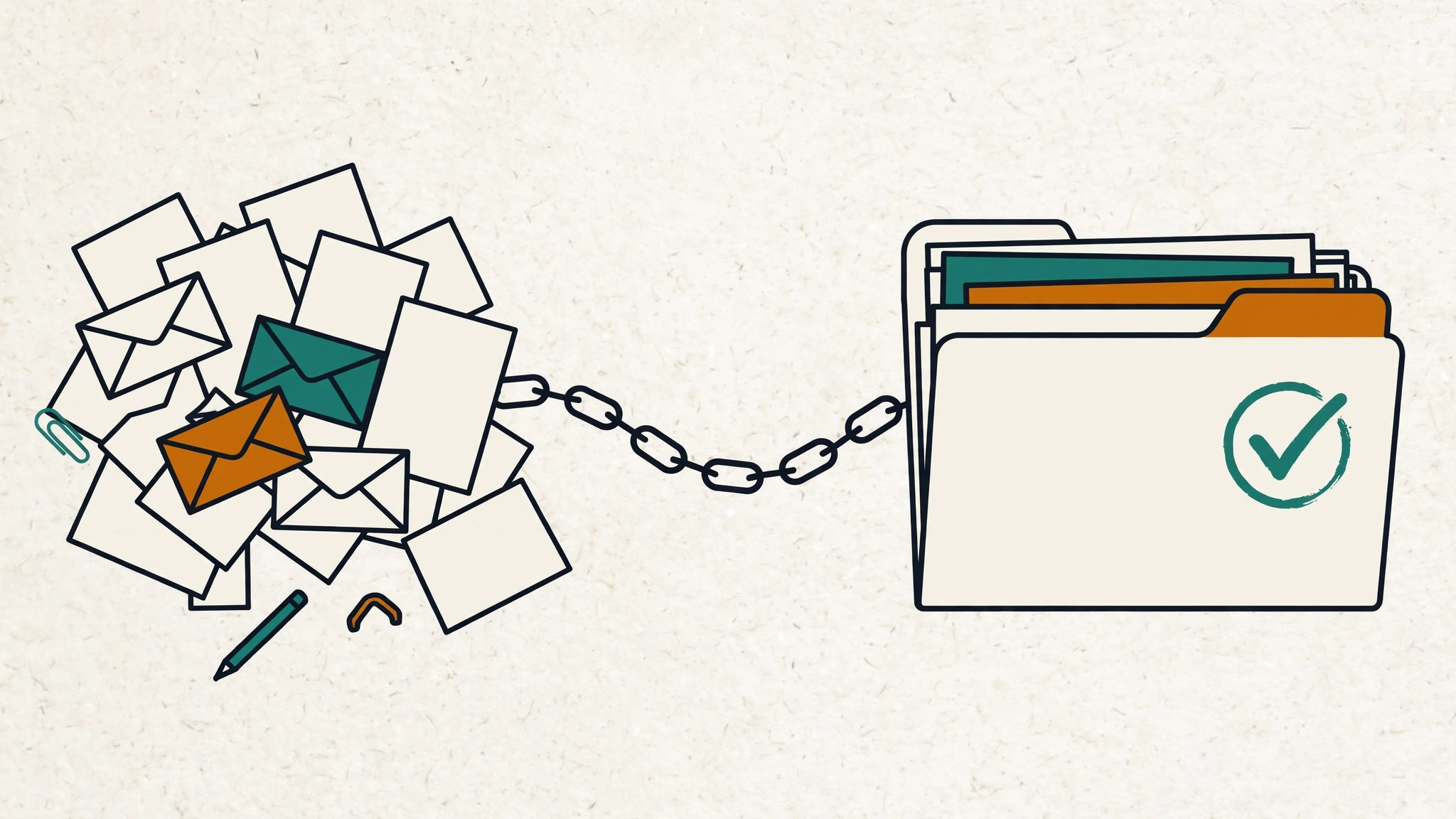 Illustration of scattered client documents being pulled together into an organized folder through a single link
