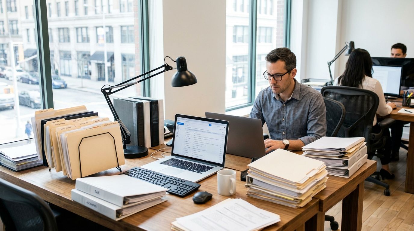 Accountant at a desk managing scattered client document requests and follow-up reminders