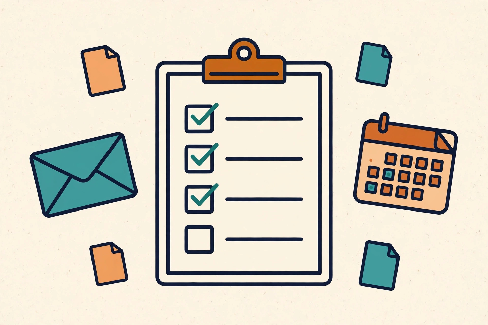 Clipboard checklist with checkmarks beside an envelope and a calendar, illustrating document requests with deadlines