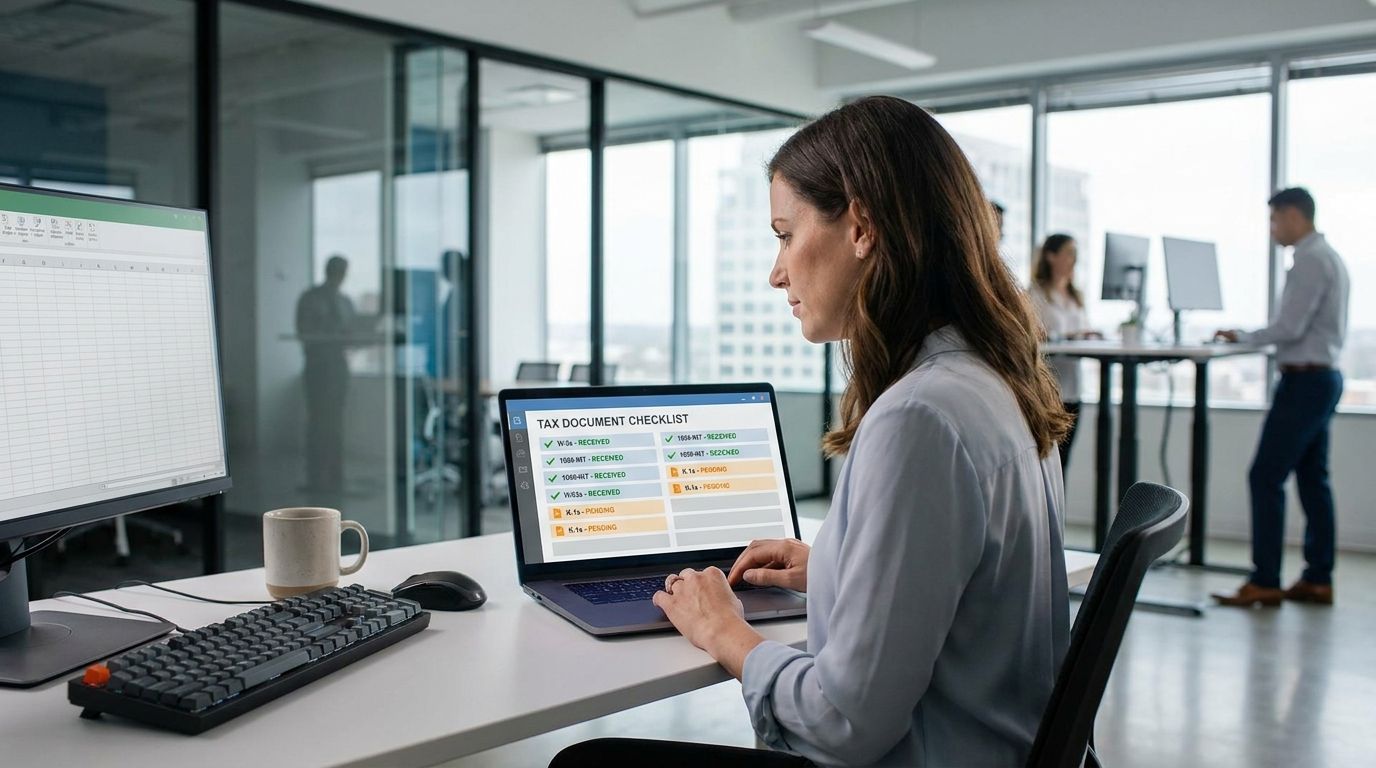 Accountant reviewing a document checklist dashboard with received and pending status