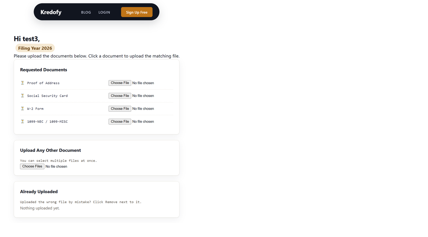 Kredofy's client upload portal showing a document checklist with no login required