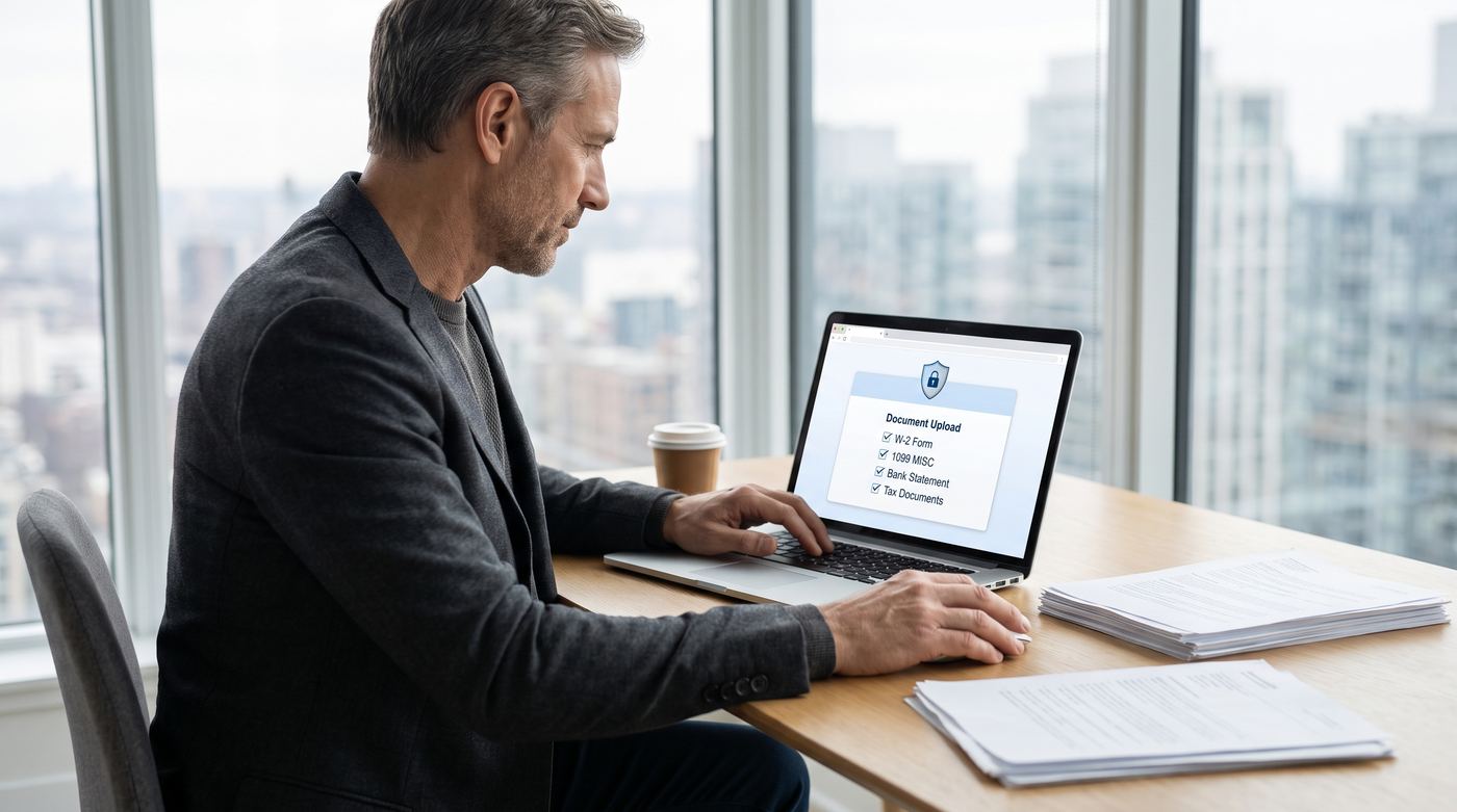 Secure tax document upload on a laptop