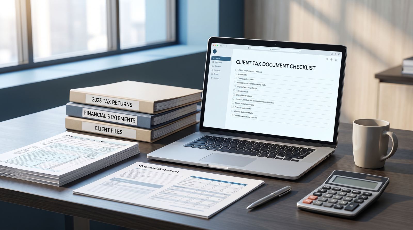 Accountant's desk with tax return folders, financial statements, and a laptop showing a client tax document checklist
