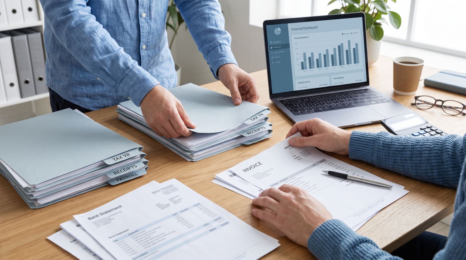 Two people sorting labeled tax year, receipts, and payroll folders next to a laptop showing a financial dashboard