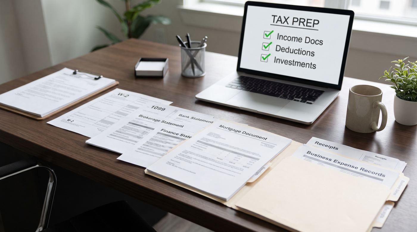 Tax document checklist with W-2, 1099, and bank statements